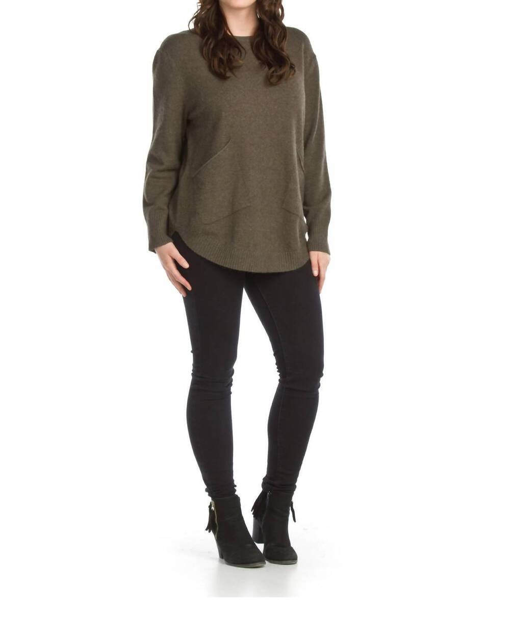 NEW PAPILLON rounded hem tunic sweater in khaki